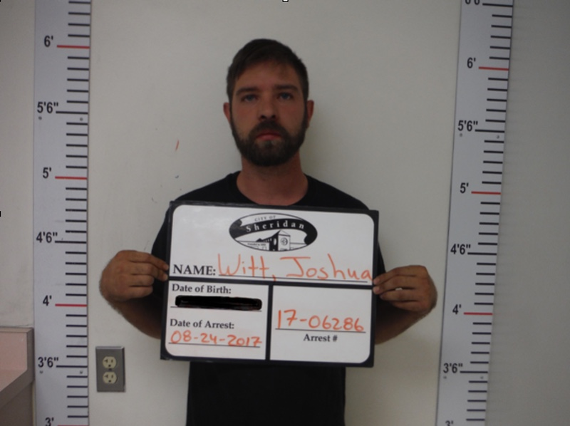 Booking photo for Joshua Witt on August 24, 2017 after he confessed to accidentally stabbing himself and filing a false police report (Sheridan Police Department)